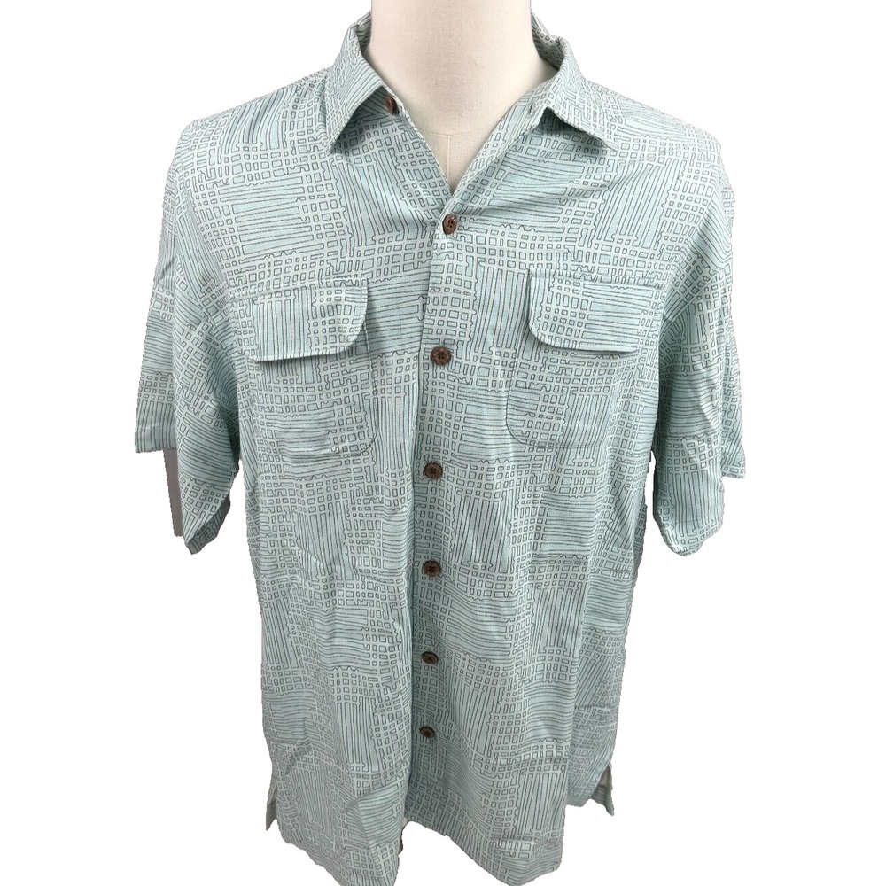 Tommy‎ Bahama Silk Short Sleeve Button Down Shirt Blue Geometric Mens Medium